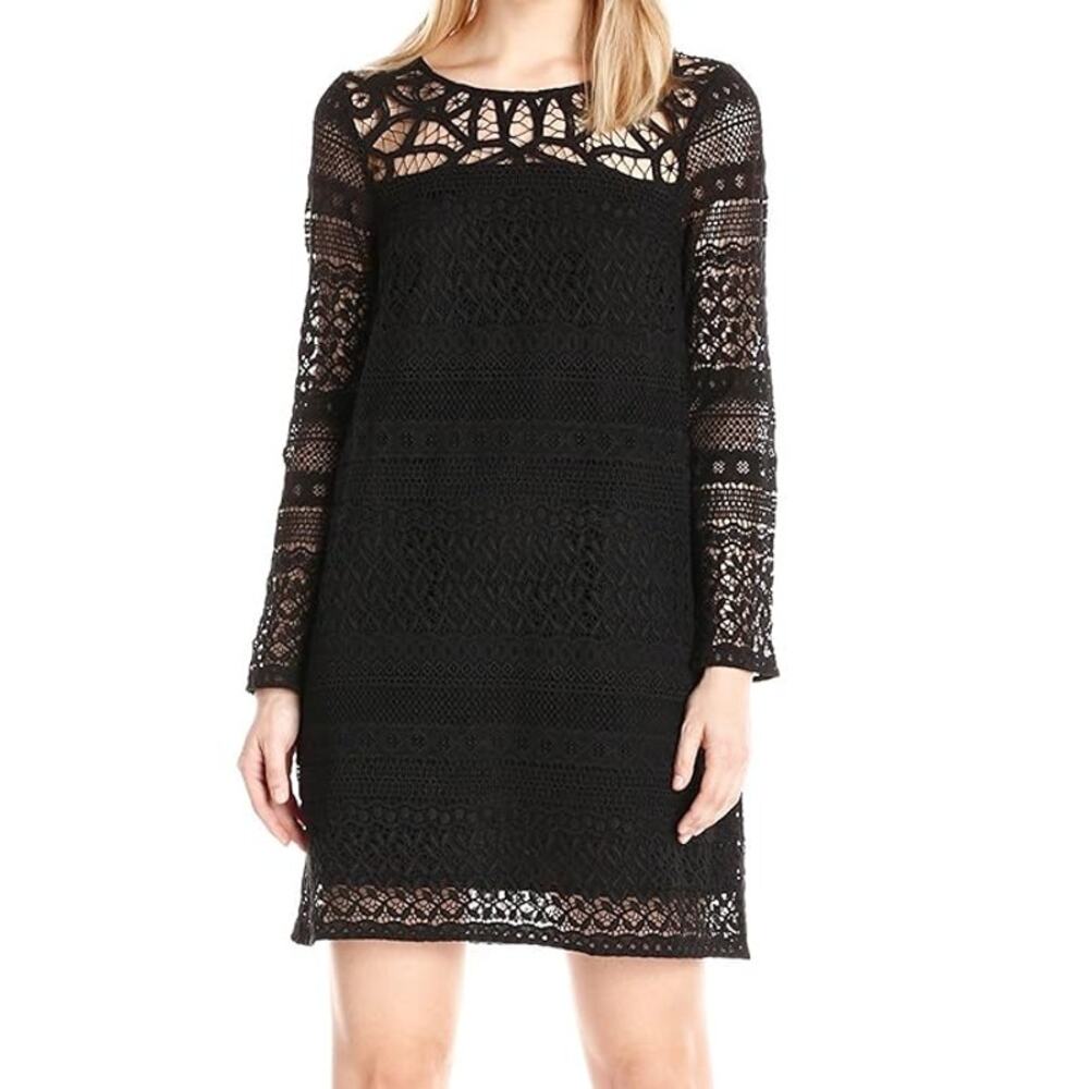 Lucky Brand Womens Black 100% Cotton Crochet Lace Long Sleeve Shift Dress Large